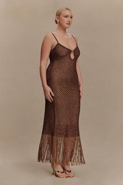 Raelynn Metallic Knit Fringe Midi Dress - Dark Chocolate