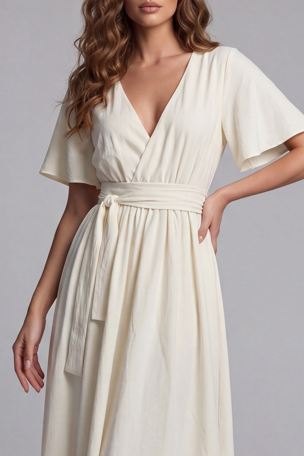 Short Sleeves Apricot V-Neck A Line Maxi Beach Wedding Dress with Sash