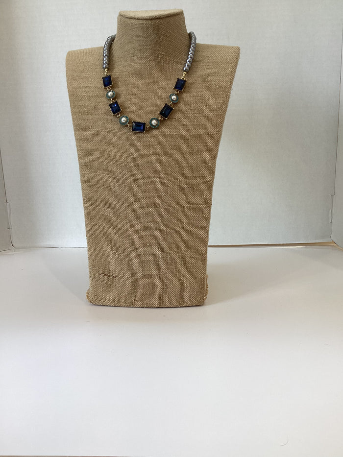 Vintage Dark Blue Rhinestone & Pearl Necklace