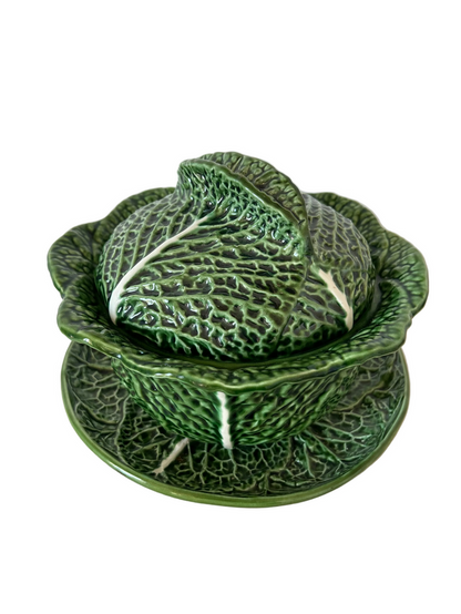 Vintage green cabbage-leaf lidded soup tureen with an underplate