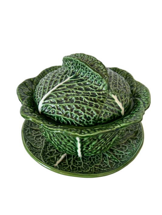 Vintage green cabbage-leaf lidded soup tureen with an underplate