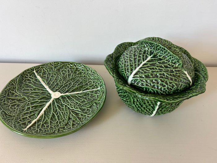 Vintage green cabbage-leaf lidded soup tureen with an underplate