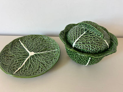 Vintage green cabbage-leaf lidded soup tureen with an underplate