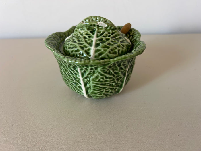 Vintage green cabbage-leaf lidded soup tureen with an underplate