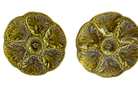 This item is a vintage olive green majolica oyster plate - Pair