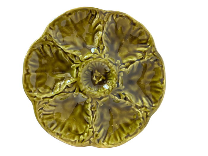 This item is a vintage olive green majolica oyster plate - Pair