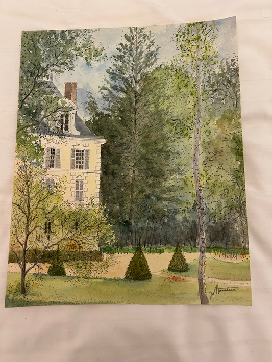 This is a watercolor illustration of a house surrounded by trees