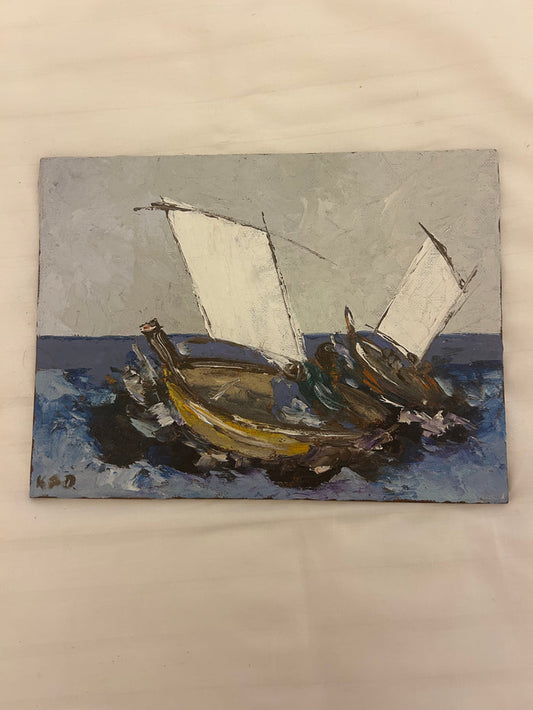 Vintage oil painting on board depicting stylized boats with sails