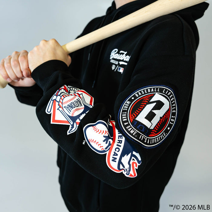 Adult model wearing black BL101 x MLB Established League hoodie