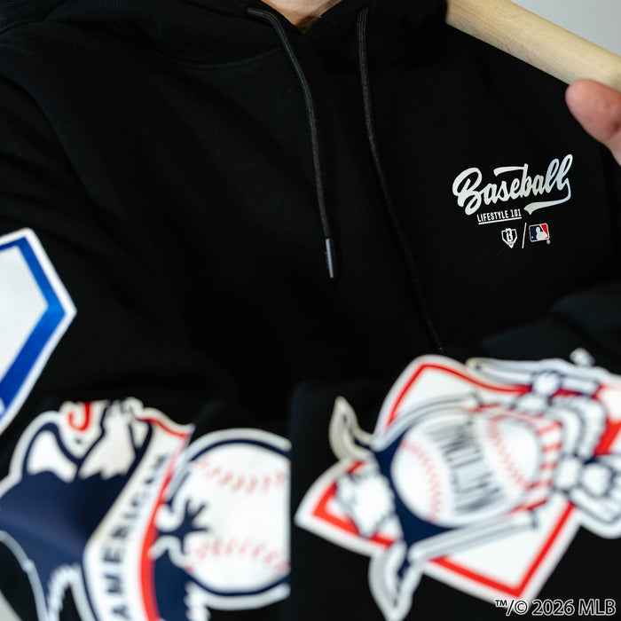 Adult model wearing black BL101 x MLB Established League hoodie