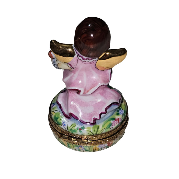 Brunette Angel Playing Harp Porcelain Limoges Angel French Trinket Box