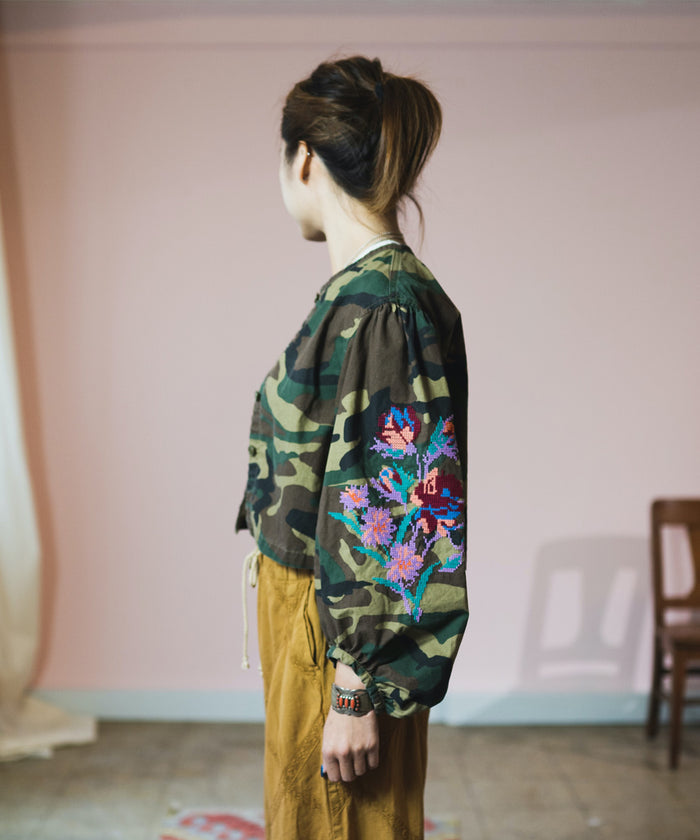 Camouflage Print Puff Sleeves Jacket