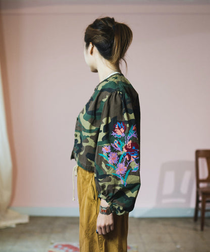 Camouflage Print Puff Sleeves Jacket