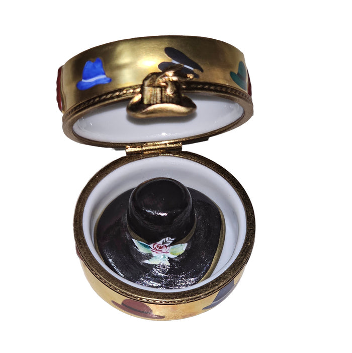 Gold Hat Box with Removable Hat Porcelain Limoges Hats shoes shoe French Trinket Box