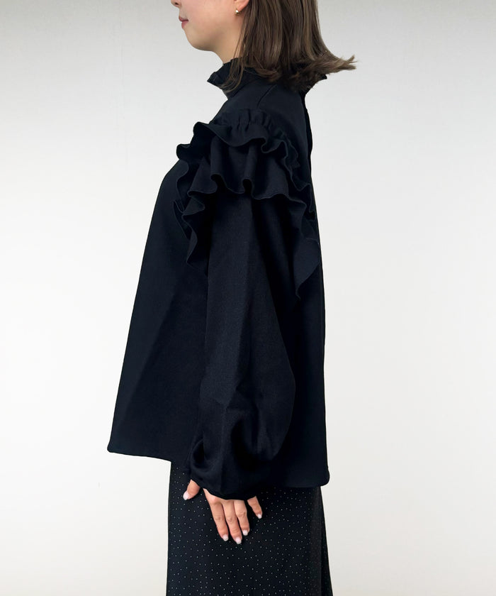 Mottled Serge Stretch Ruffled Blouse