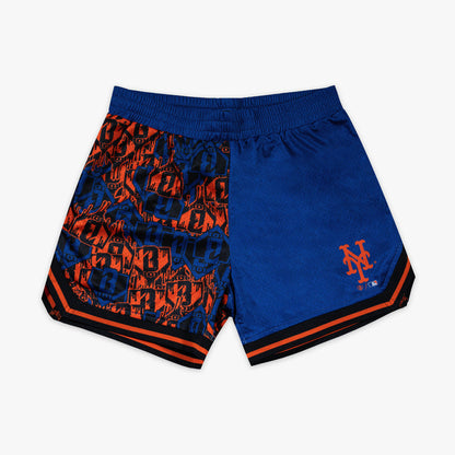 Blue youth shorts with "New York Mets Sticker Court" design - front view