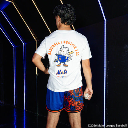 Adult model wearing blue shorts with "New York Mets Sticker Court" design