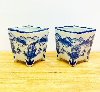 Pair of matching blue &amp; white chinoiserie style square porcelain planters.