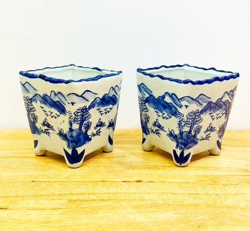 Pair of matching blue &amp; white chinoiserie style square porcelain planters.
