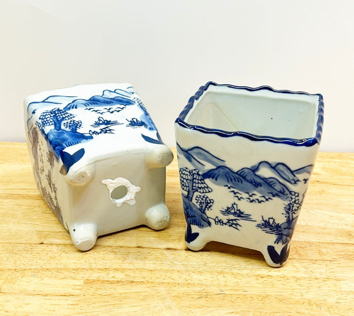 Pair of matching blue &amp; white chinoiserie style square porcelain planters.