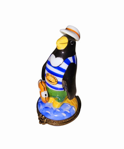 Rare Penguin Lifeguard Figurine Porcelain Limoges Bird beach French Trinket Box