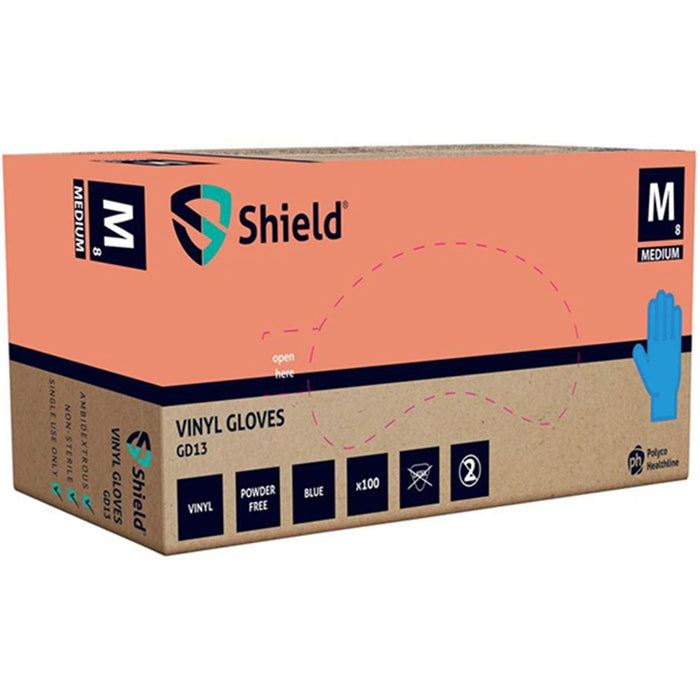 Polyco Shield GD13 Blue Vinyl Powder Free Disposable Gloves AQL4 (Box 100)