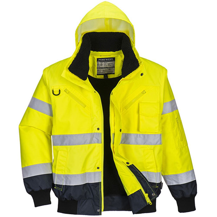 Portwest C465 Yellow/Navy Fur Lined Waterproof 3 in 1 Hi Vis Bomber Jacket
