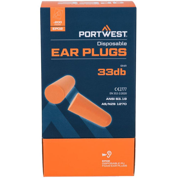 Portwest EP02 PU Foam Uncorded Ear Plugs (200 Pairs) - SNR 37