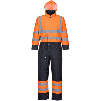 Portwest S485 Orange/Navy Quilt Lined Hi Vis Thermal Waterproof Overalls