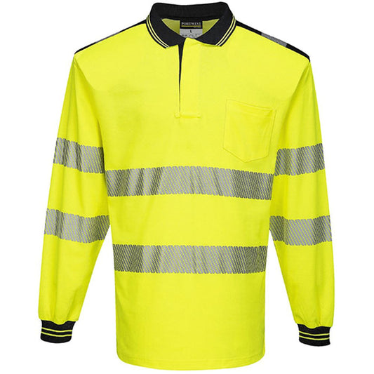 Portwest T184 Yellow/Black PW3 Long Sleeve Hi Vis Polo Shirt