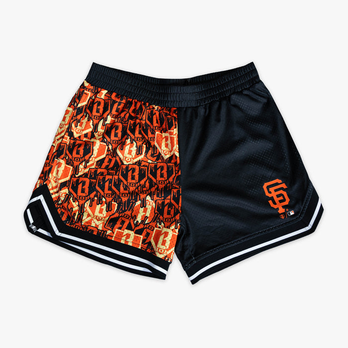 Black youth shorts with "San Francisco Giants Sticker Court" design - front view