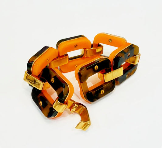 Signed vintage J Crew acrylic tortoise &amp; orange colored large link bracelet